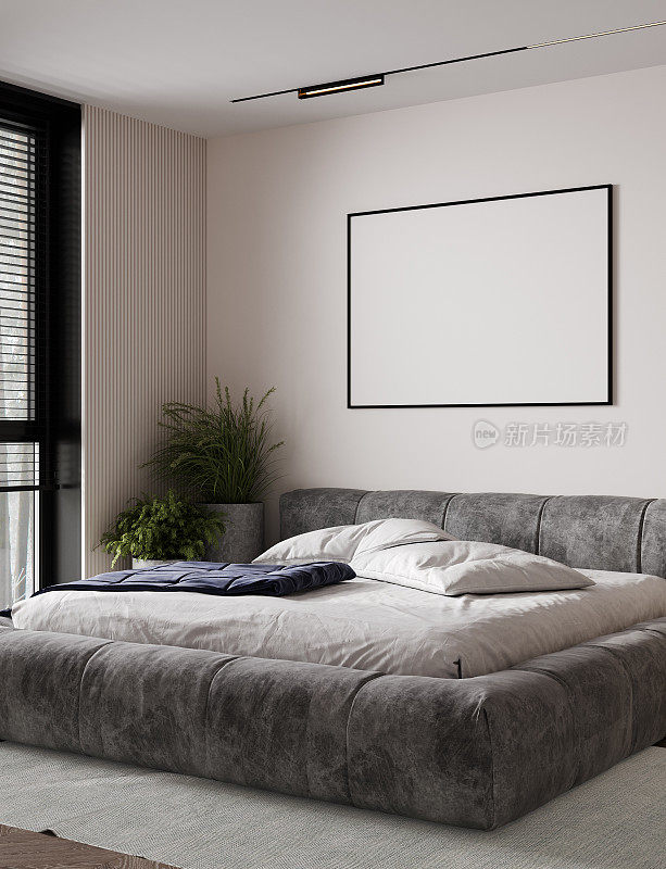 水平海报模型与黑色框架在现代风格的卧室内部与灰色的床，植物和空的米色墙壁背景。3 d渲染,插图